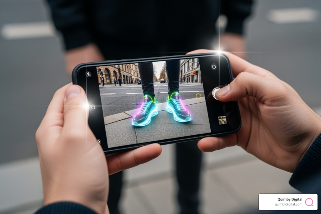 Phone screen showing AR sneakers on a person's feet.