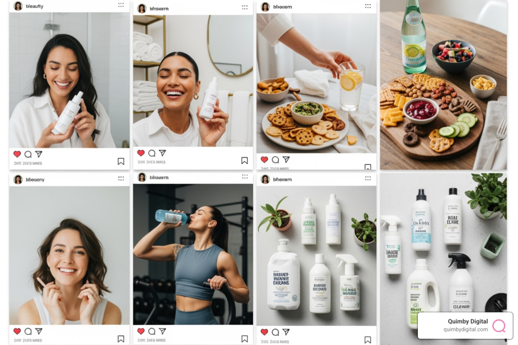 Collage of Instagram-style posts featuring skincare, food, drinks, fitness, and cleaning products
