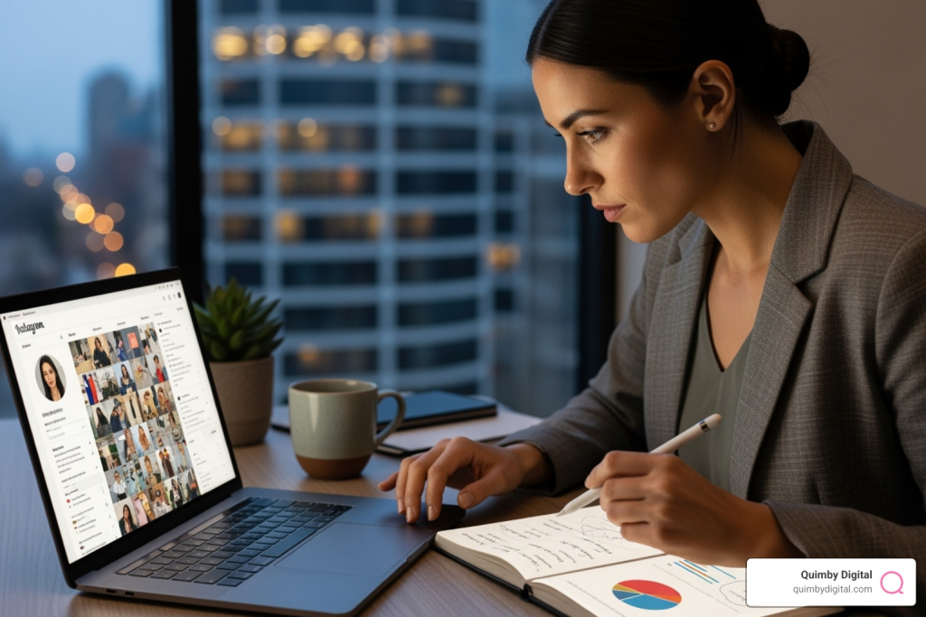 Businesswoman analyzing social media on laptop with notes and charts.