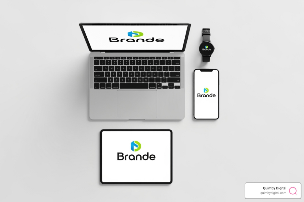 Branded logo displayed on laptop, tablet, smartphone, and smartwatch