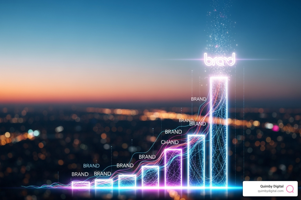 Glowing bar chart rising upward with the word 'brand' at the top.