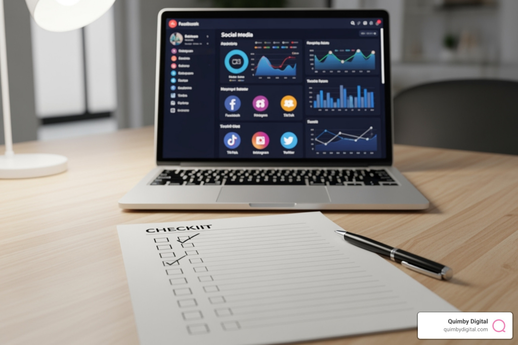 Laptop with social media dashboard displayed