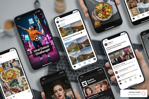 multiple phone showing social media 